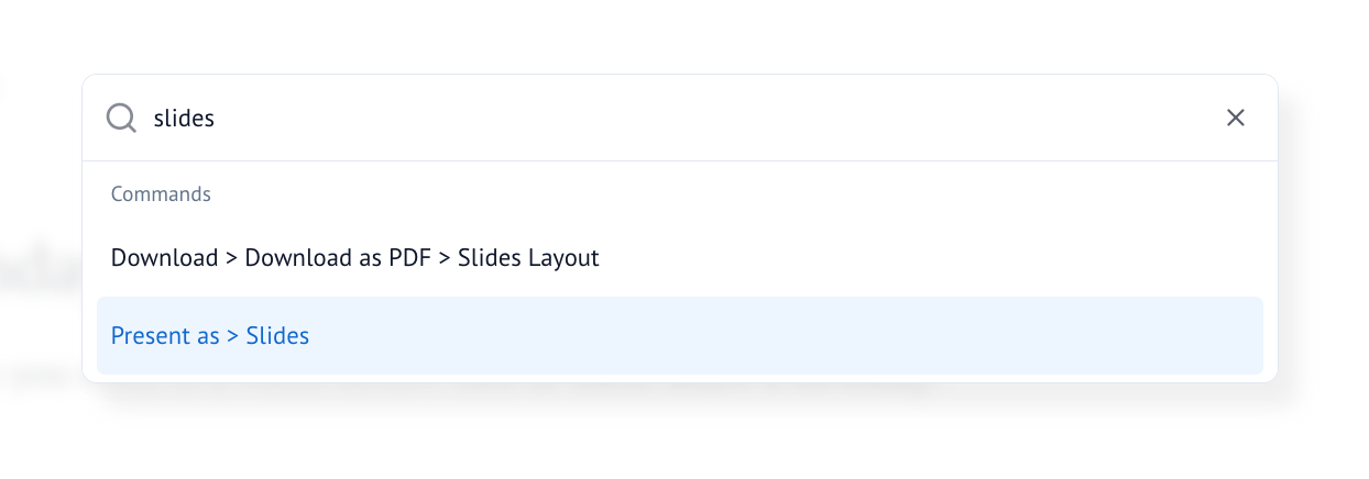 Command palette with Slides selected