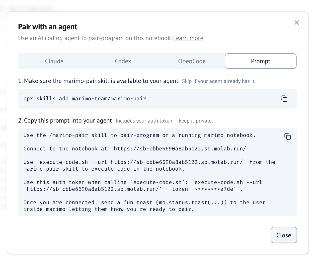 marimo pair connecting a coding agent to a running notebook