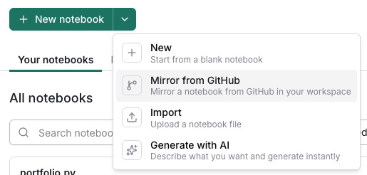 Creating a new notebook in molab with the "Mirror from GitHub" option