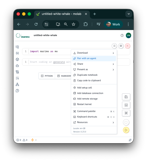Pairing a coding agent with a running molab notebook via the "Pair with an agent" menu
